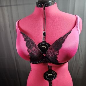 Cacique Smooth Boost Plunge Pink  W/ Black Lace Bra Womens 42DDD Underwired